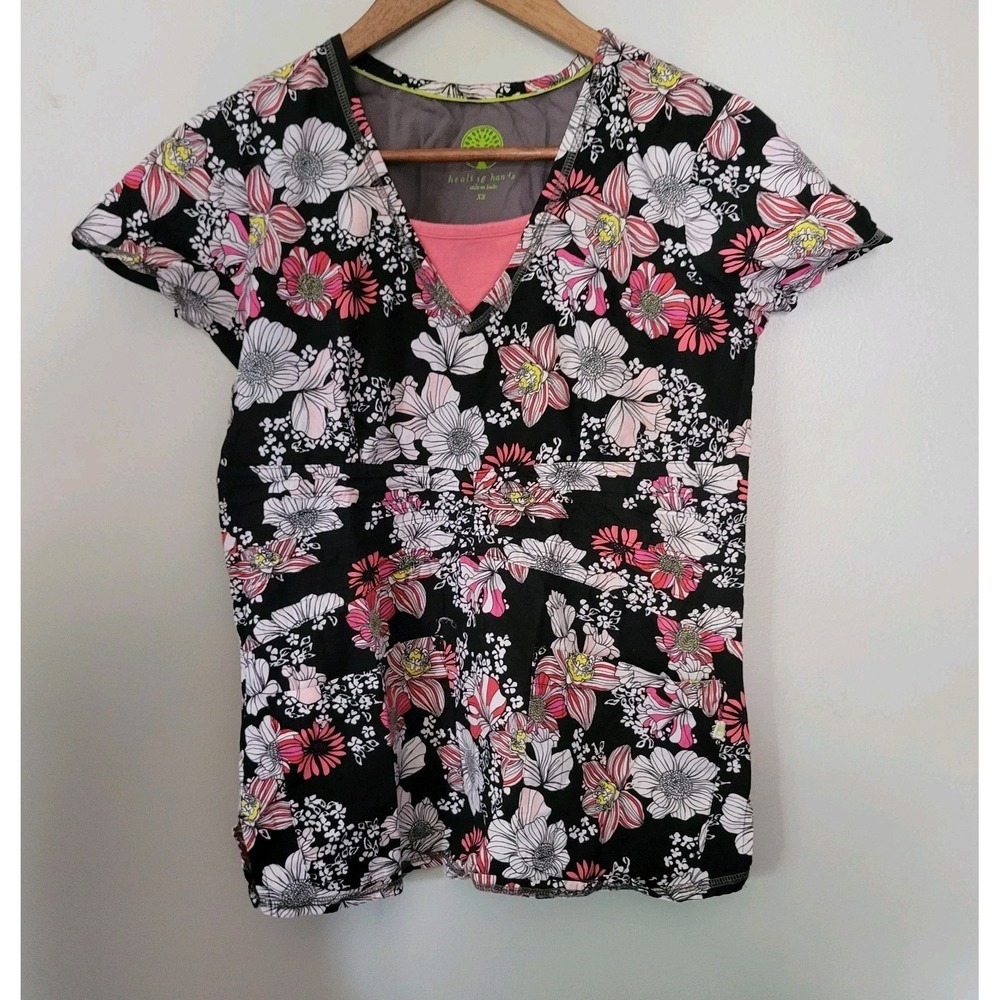 Healing Hands women's‎ Size XSmall Scrubs HH Work Black Pink Floral With Pockets
